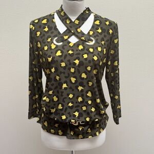 Nine West  Green Gold Black Leopard Print 3/4 Sleeve Blouse Top / Size Medium